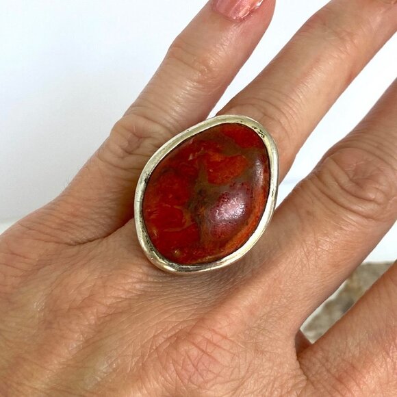 BARSE Sterling Silver 925 Thai Large 1.22" Oval Red Sponge Coral Ring Sz 6.75 - Picture 6 of 16